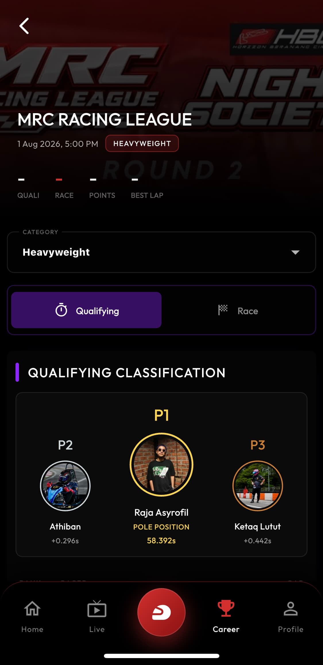 VCX app race result screen showing an official qualifying result