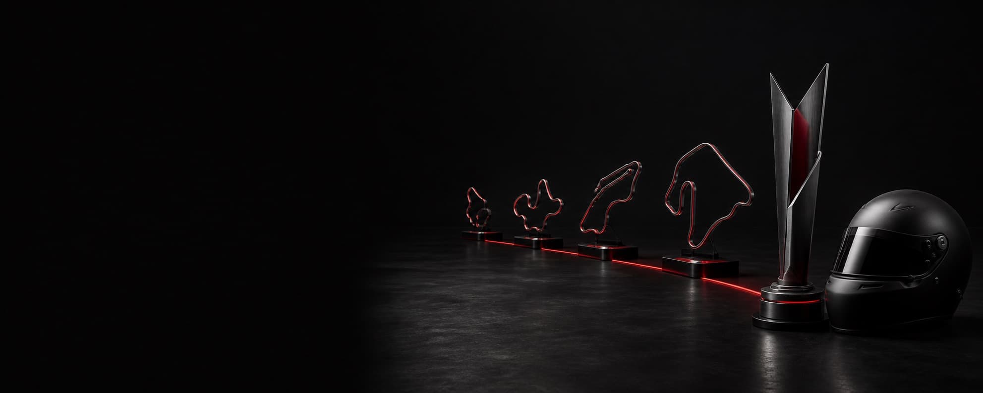Conceptual connected multi-round championship journey leading to a trophy and racer helmet